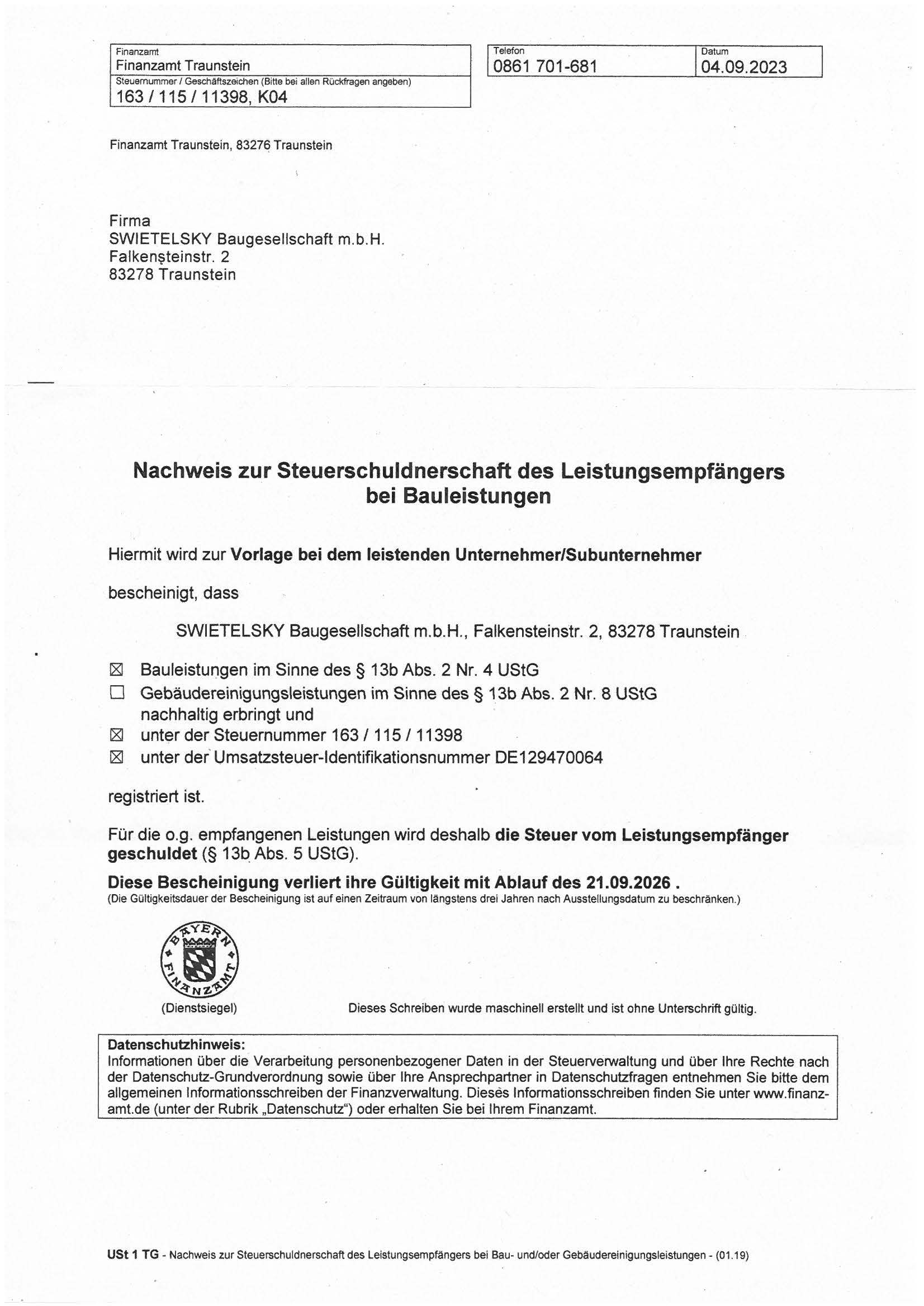 Nachweis Steuerschuldnerschaft Bauleistungen 21.09.2026 Swietelsky Baugesmbh (1)