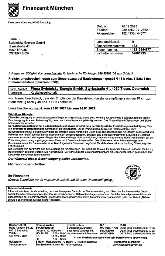 AT 152 - Swietelsky Freistellungsbescheinigung Energie bis 24.01.2027