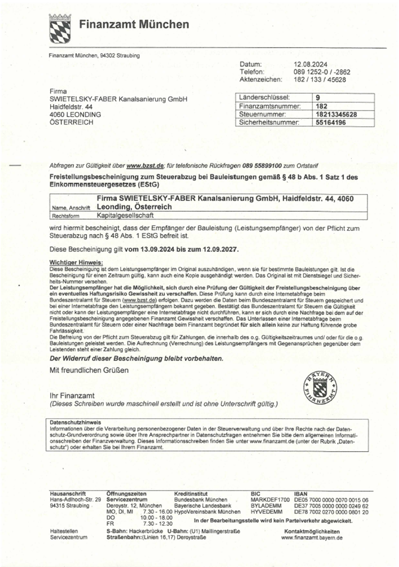 AT810 Swietelsky Faber Freistellungsbescheinigung Bis 12.09.2024 AT810 Swietelsky Faber Freistellungsbescheinigung Bis 12.09.2024