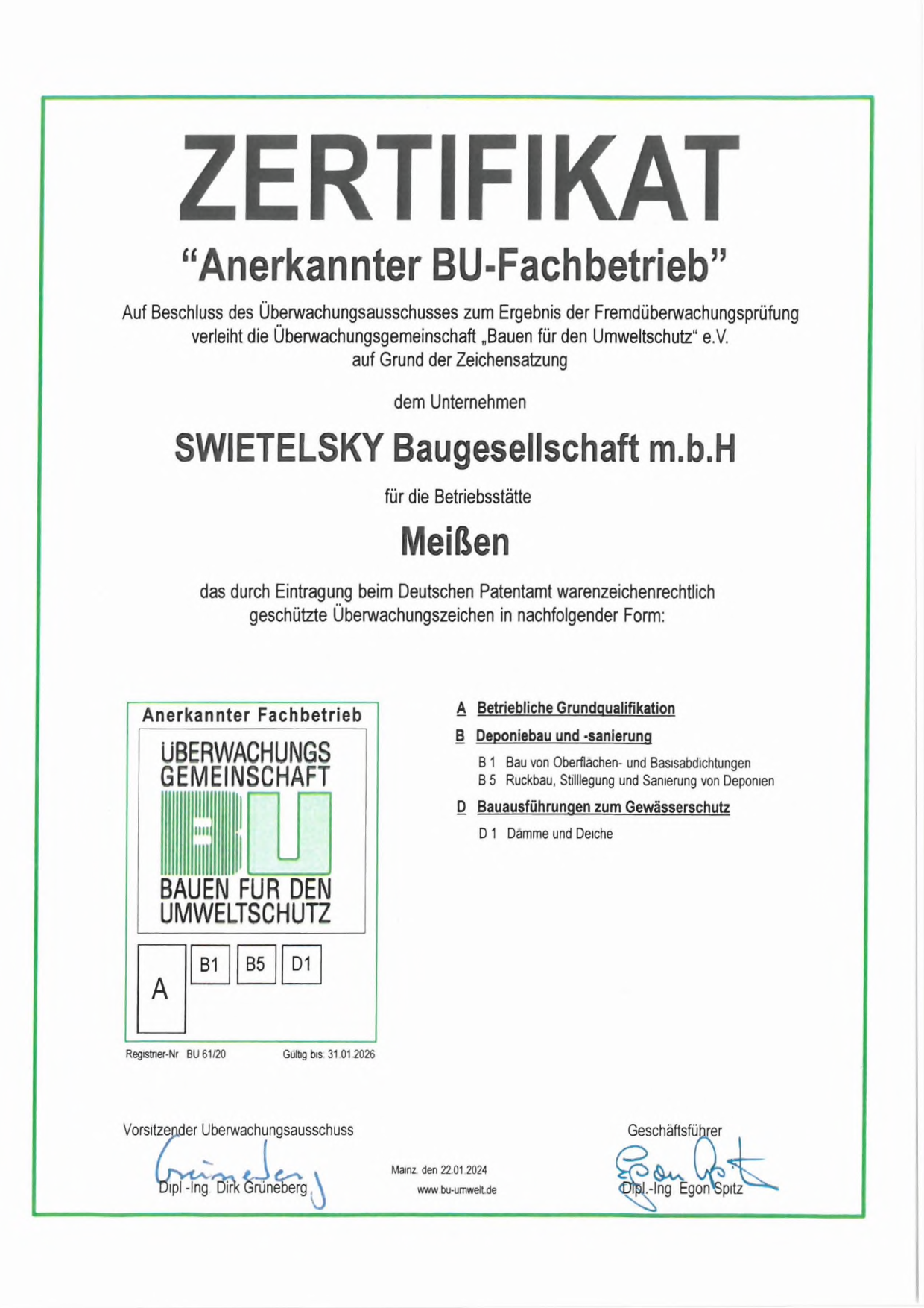 Zertifikat Anerkannter BU Fachbetrieb 1
