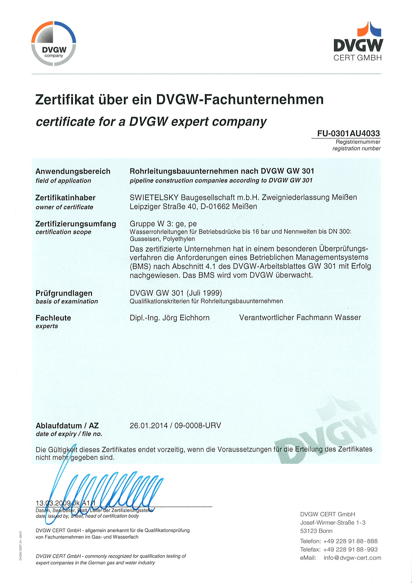 DVGW Zertifikat Fachunternehmen