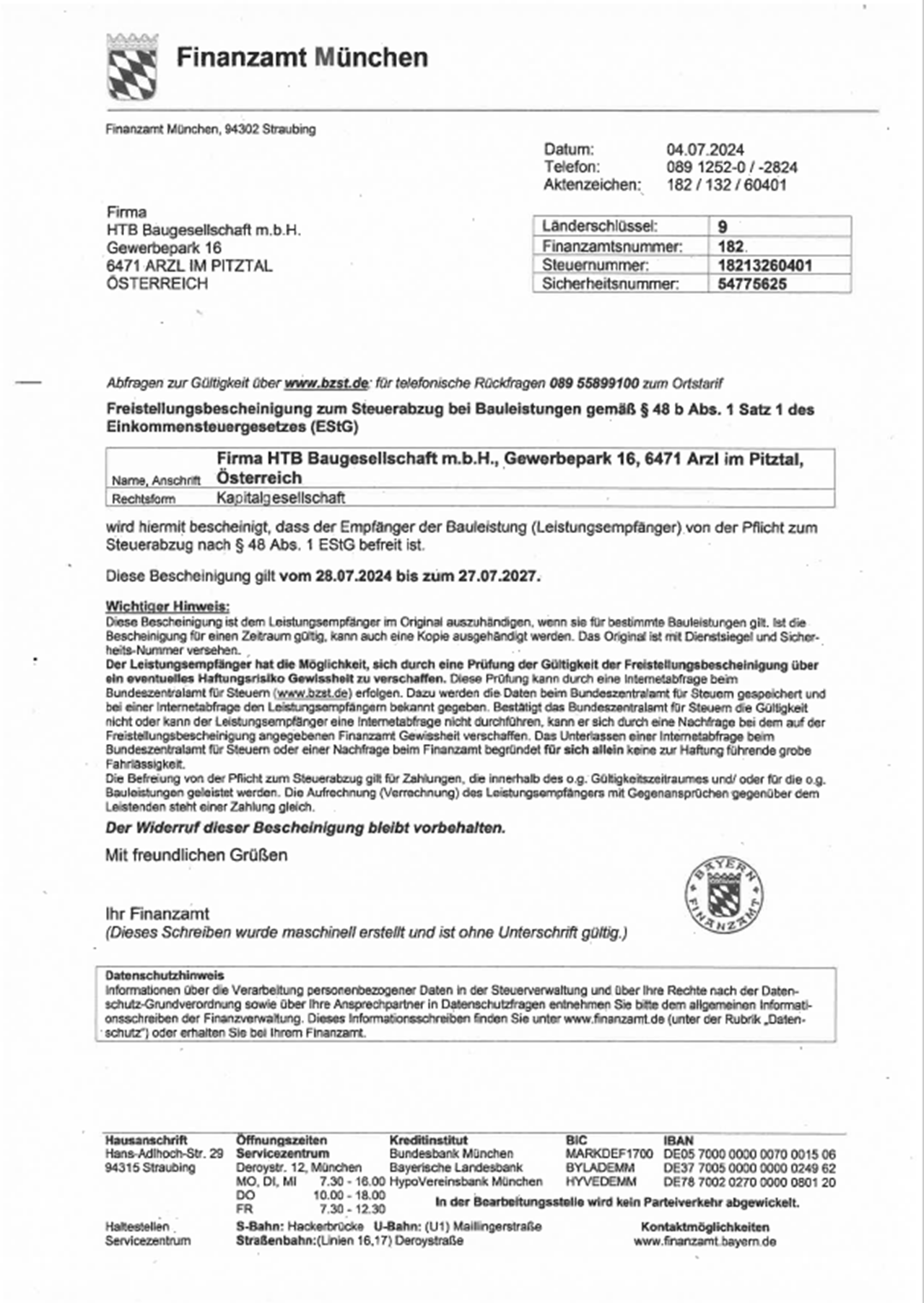 AT111 HTB Freistellungsbescheinigung Bis 27.07.2024 AT111 HTB Freistellungsbescheinigung Bis 27.07.2024