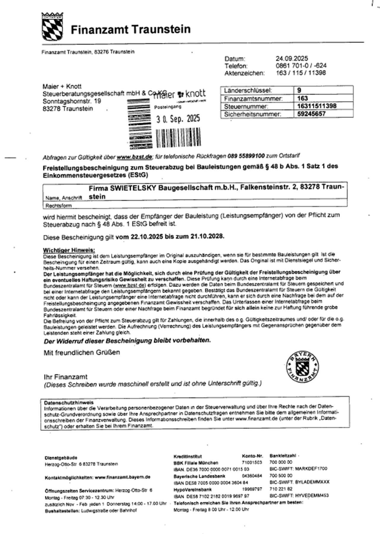 DE105 Swie Traunstein Freistellungsbescheinigung Bis 21.10.2028 (1) DE105 Swie Traunstein Freistellungsbescheinigung Bis 21.10.2028 (1)