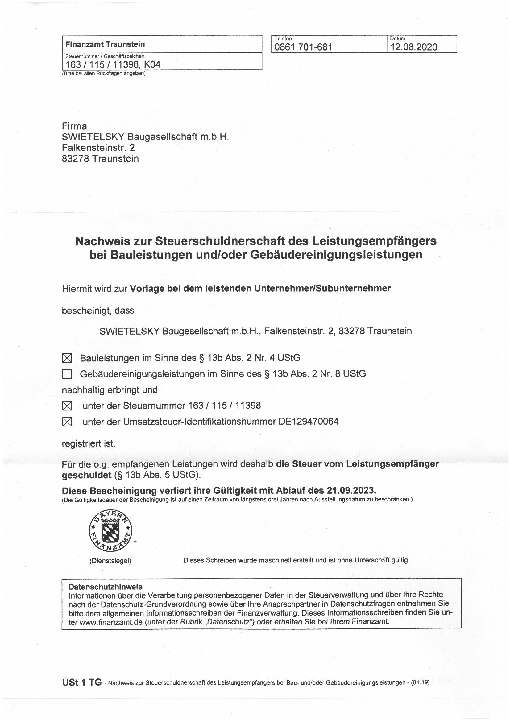 Nachweis Steuerschuld Bei Bauleistungen SWIETELSKY Bauges.M.B.H. Mit Sitz In Traunstein Bis 21.09.2023 1