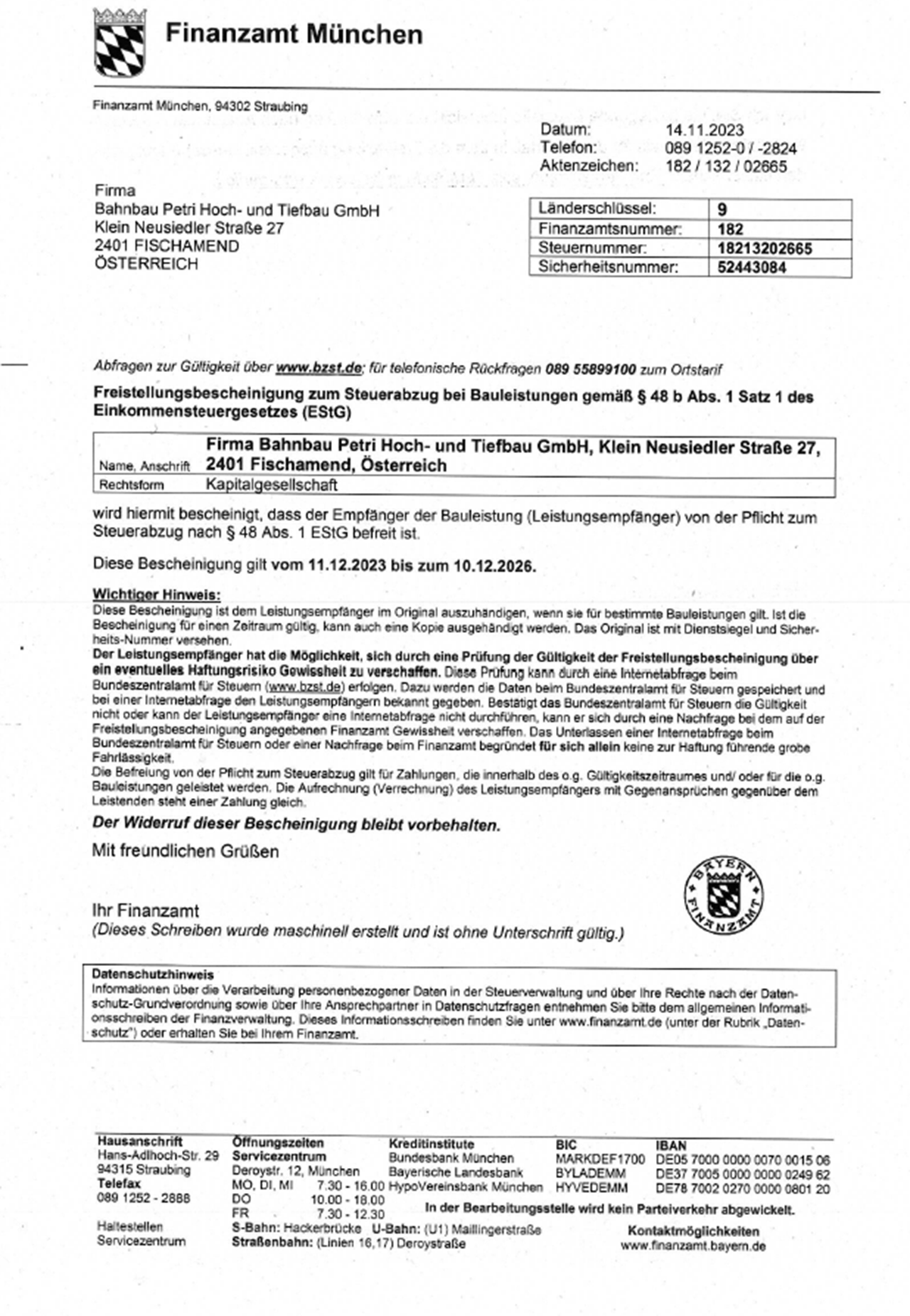 AT141 Bahnbau Petri Freistellungsbescheinigung Bis 10.12.2026 Bild AT141 Bahnbau Petri Freistellungsbescheinigung Bis 10.12.2026 Bild