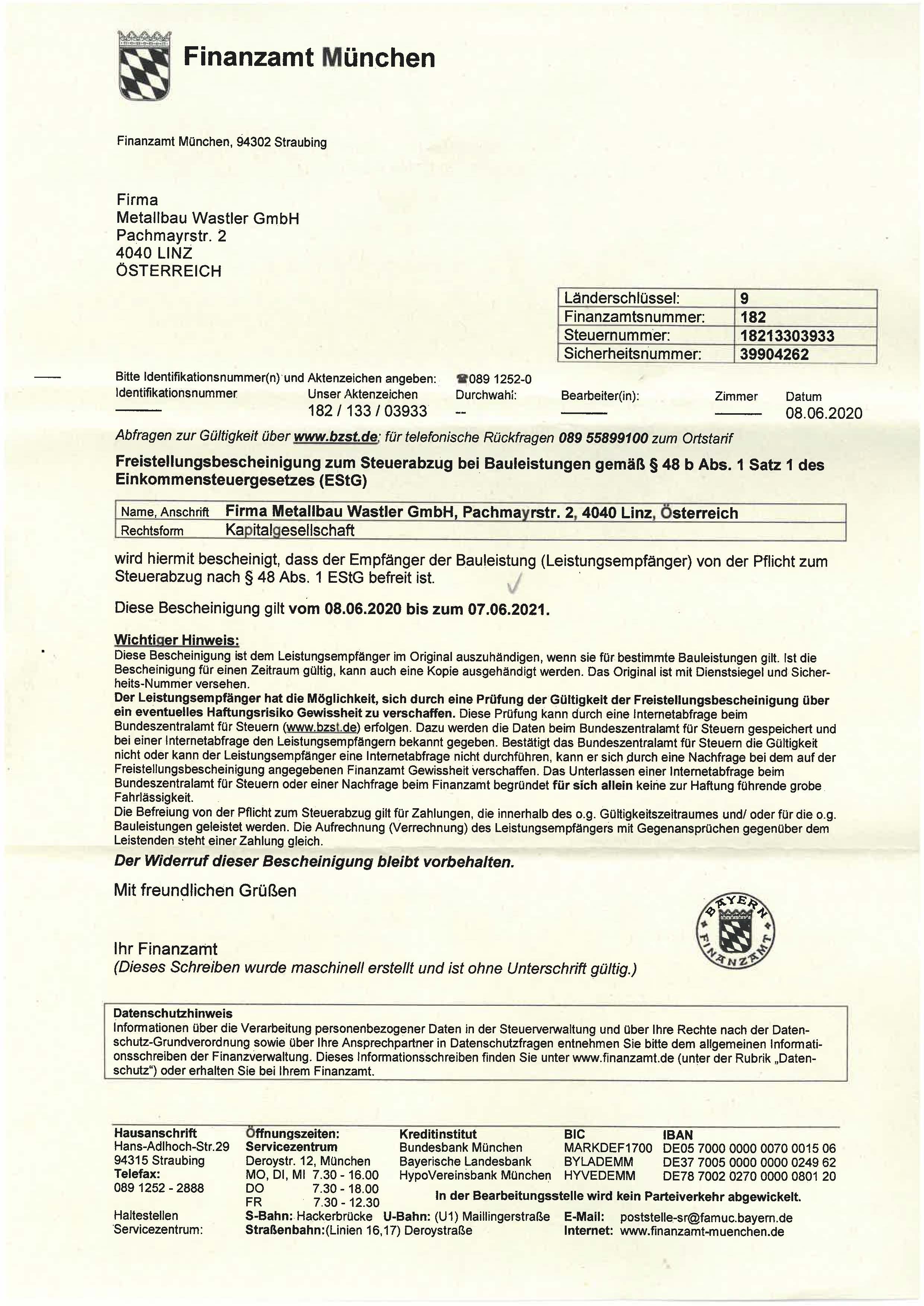 Freistellungsbescheinigung der Metallbau Wastler GmbH §48b gültig bis 07.06