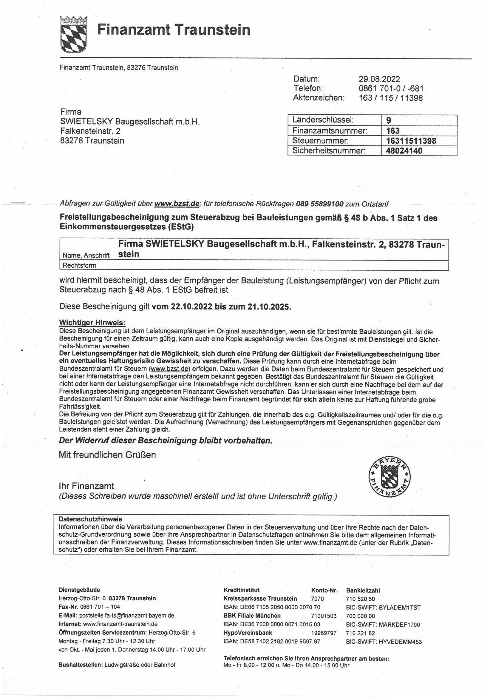 Freistellungsbescheinigung FA TS2022 2025