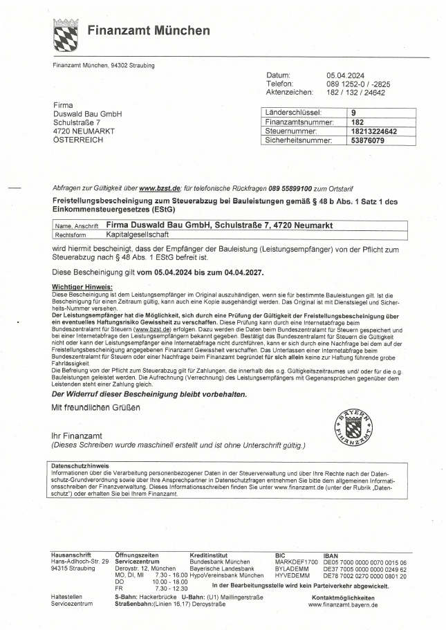 Freistellungsbescheinigung Duswald bis 04.04.2027