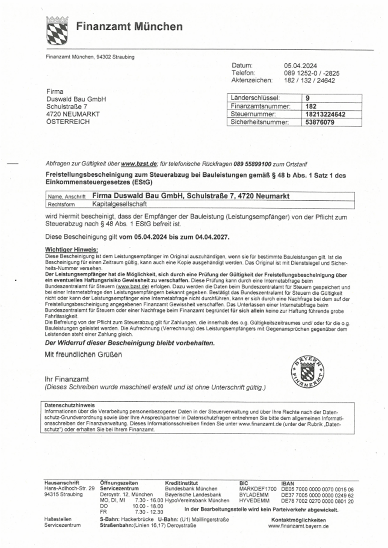 Freistellungsbescheinigung Duswald bis 04.04.2027 Freistellungsbescheinigung Duswald bis 04.04.2027