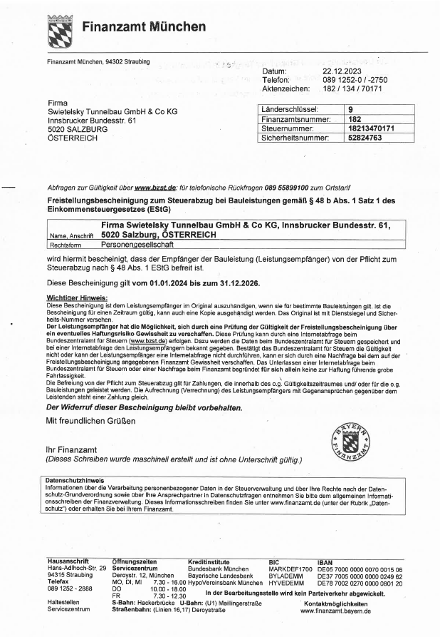 AT130 Swie Tunnelbau Freistellungsbescheinigung Bis 31.12.2026 Bild