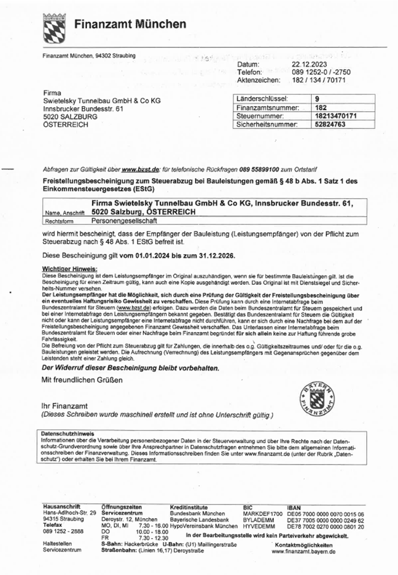 AT130 Swie Tunnelbau Freistellungsbescheinigung Bis 31.12.2026 Bild AT130 Swie Tunnelbau Freistellungsbescheinigung Bis 31.12.2026 Bild
